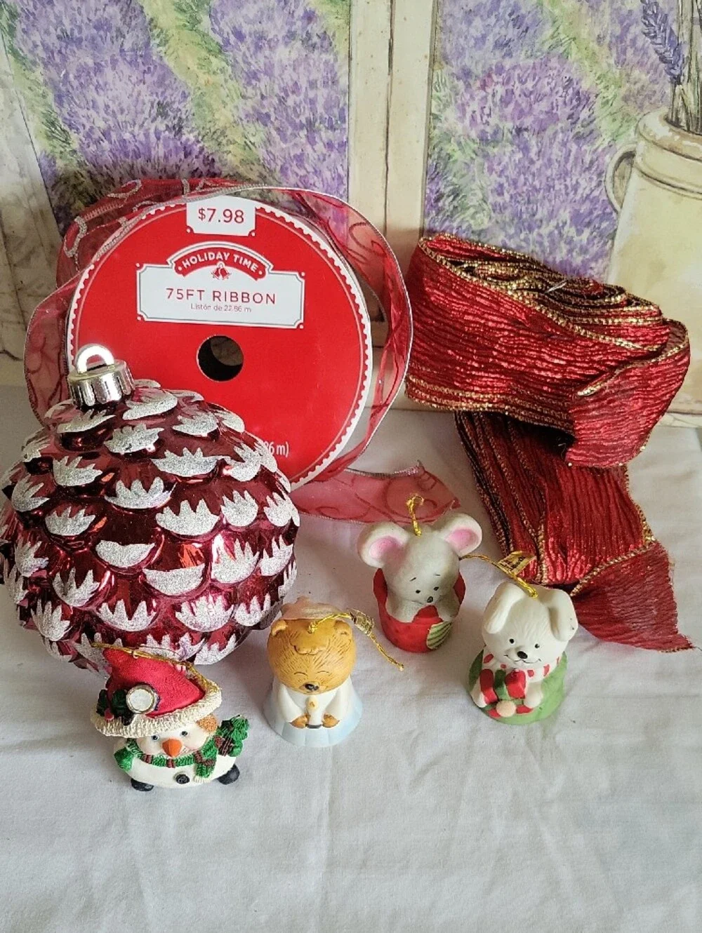 Vintage Holiday Decor Bundle Christmas Ribbon Ornaments Little Chimers Porcelain